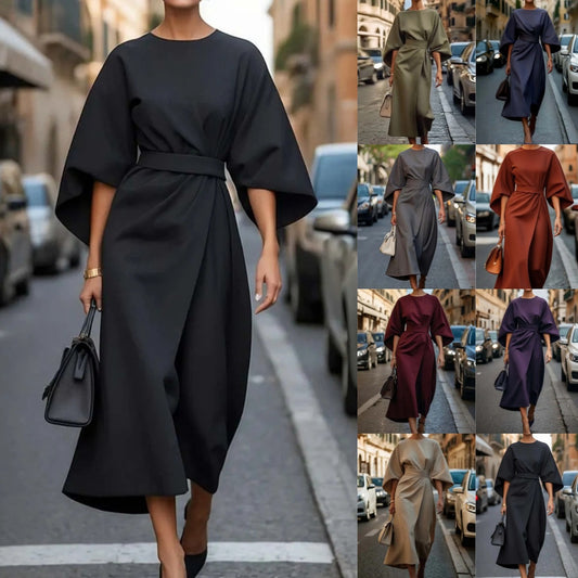 Women's fashion temperament elegant solid color waist dress casual bat-sleeve long skirt