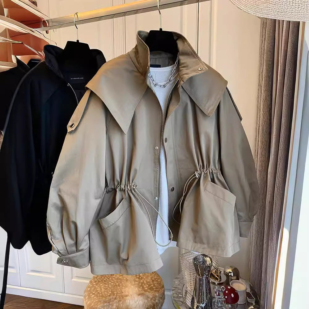 Loose casual drawstring waist tooling trench coat coat female spring and autumn short