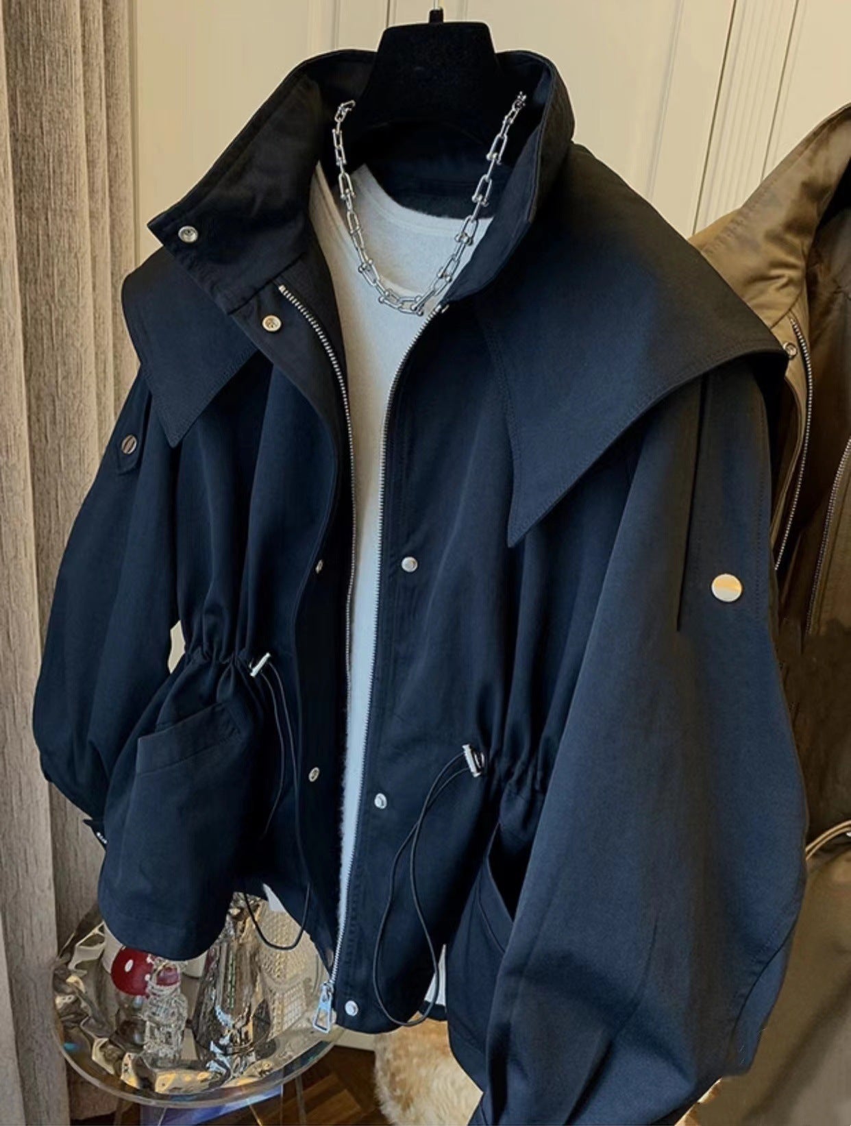 Loose casual drawstring waist tooling trench coat coat female spring and autumn short