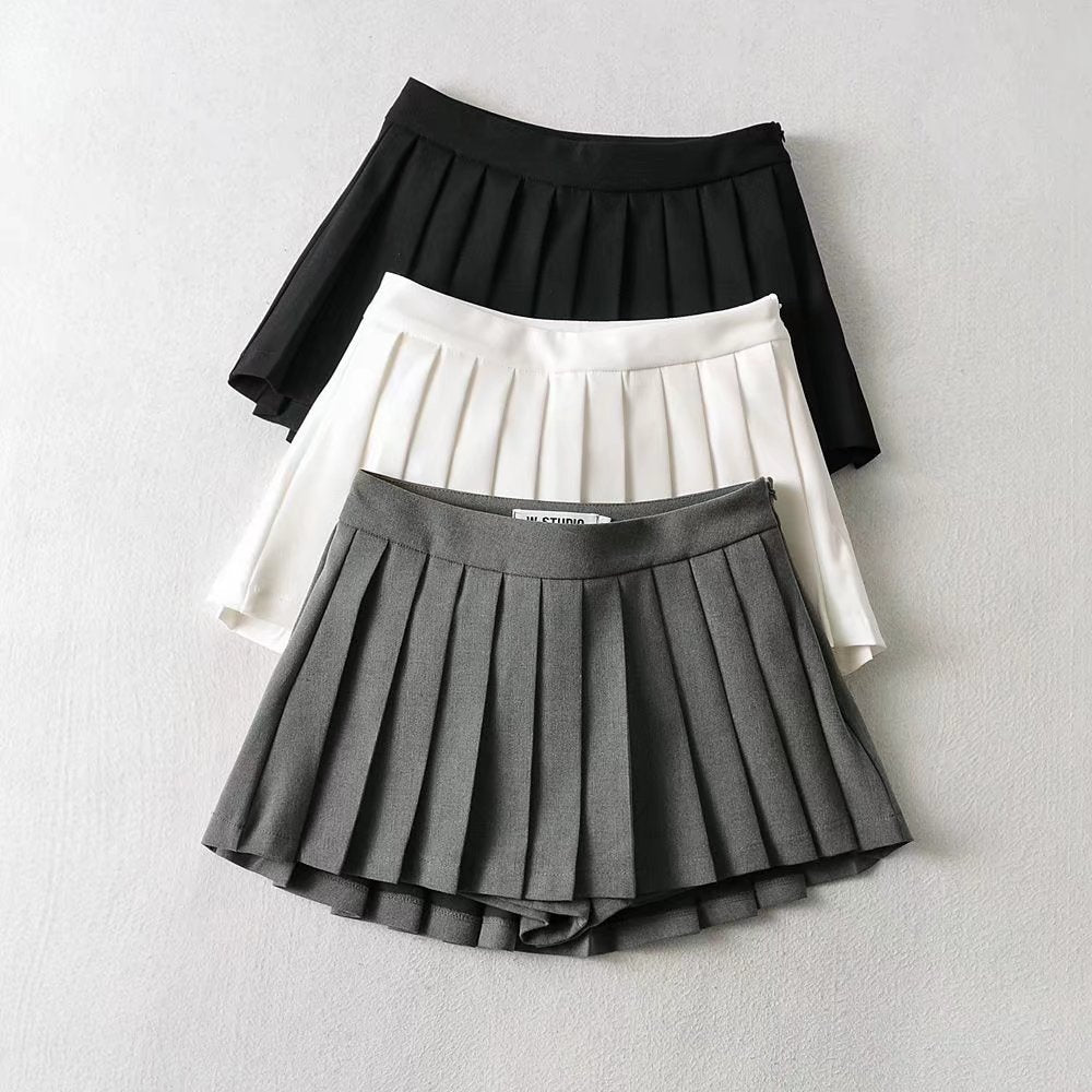 YPFF new European-style high-waisted short front and long back anti-slip A-line pleated skirt with lined umbrella skirt tennis skirt